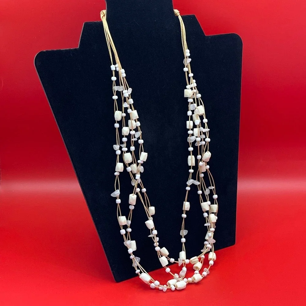 Vintage‎ Multi Strand Beaded Necklace White Cream Stone Shell Boho Beachy